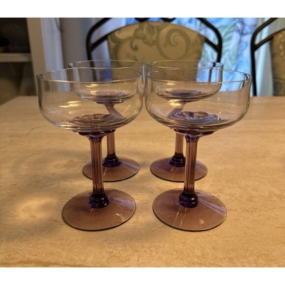 Set Of 4 Vtg. Fostoria Corsage Plum Purple Flower Stem Crystal Champagne Glasses - Picture 2 of 10